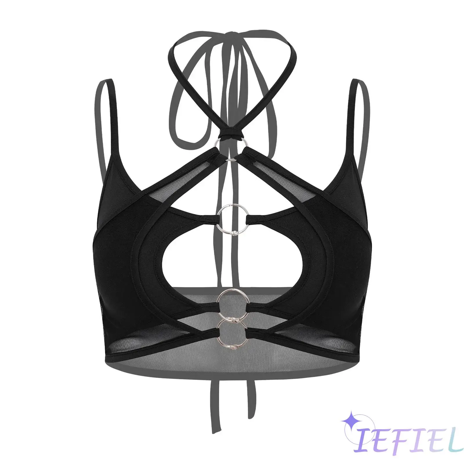 

Fashion Halter Sleeveless Crop Top Women Sheer Mesh Backless Cutout O Ring Camisole Top for Club Music Festival Rave Party