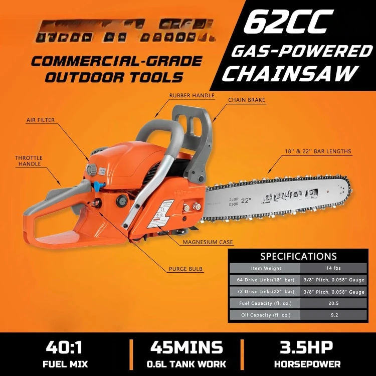 62CC 2-Cycle Gas Powered Chainsaw, 22 Inch 18 Inch Handheld Cordless Petrol Chain Saw for Tree Wood Cutting