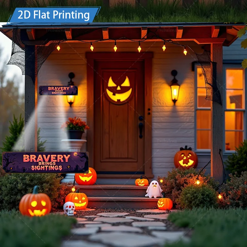 قطعة واحدة من لافتة معدنية، لافتة شجاعة للهالوين مقاس 4 × 16 بوصة مع أضواء اليقطين والخفافيش للديكور الاحتفالي #2