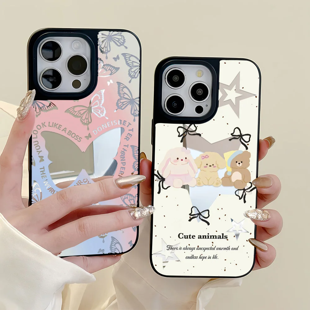

Cute Animals Phone Case For iPhone 11 14 15 13 12 17 16 Pro Max Shockproof Soft Silicone Bumper Make up Mirror Cover Funda Cases
