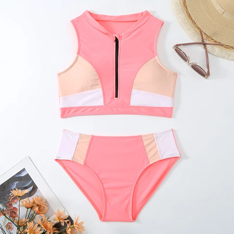 Girls Zipper High Waist Bikini Sets Sports High Neck Swimsuit for Kids 7-12 Years Children's Swimwear 2024 Beach Bathing Suit