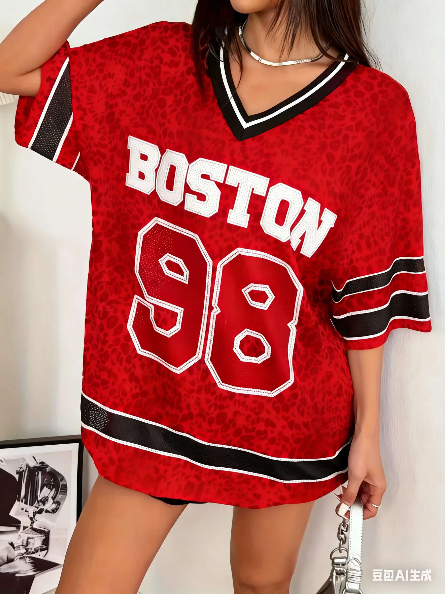 2026 Summer Women BOSTON NO.98 Print Lightweight Breathable Comfortable V-Neck Short Sleeved Baseball T-Shirt Women Jersey Tees