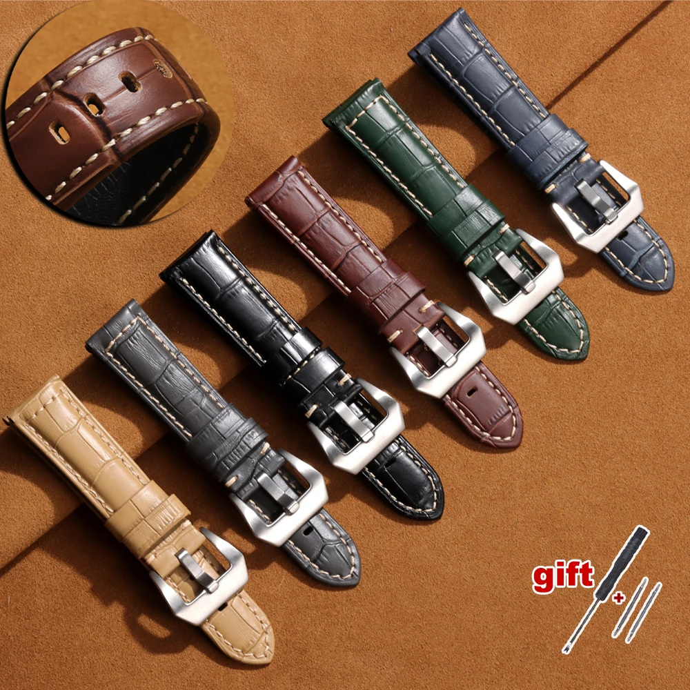 جلد طبيعي حزام (استيك) ساعة سوار 20 مللي متر 22 مللي متر 24 مللي متر 26 مللي متر ل بانيراي جلد البقر خمر حزام الساعات لساعة سامسونج جالاكسي 3 4 حزام