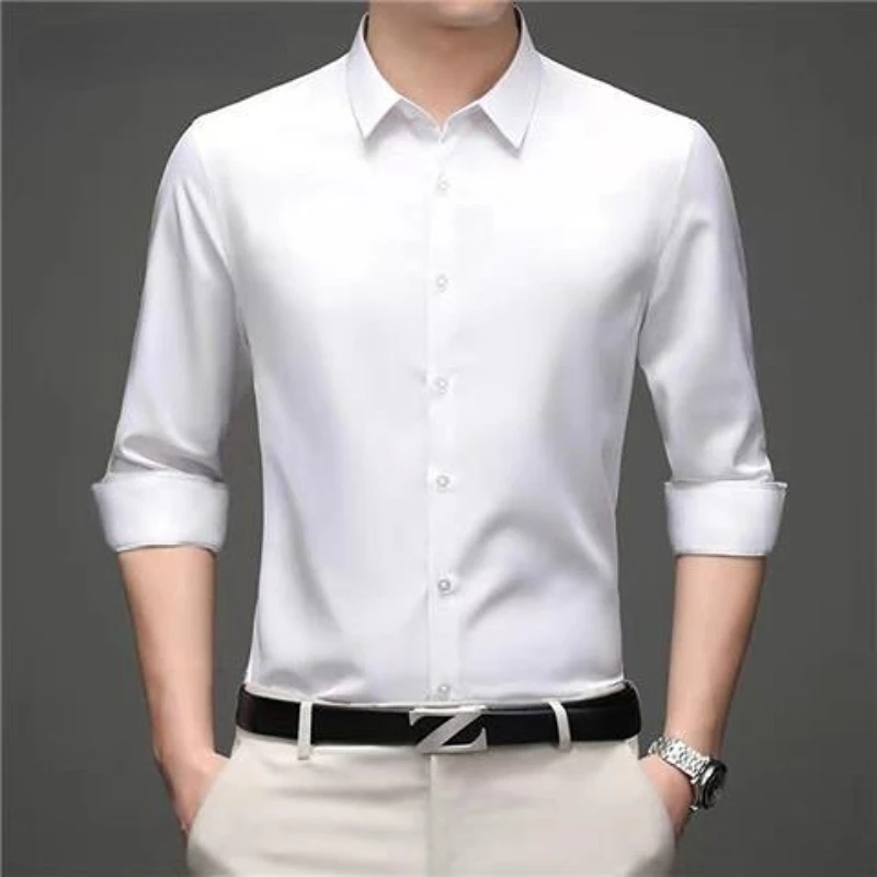 Spring and Summer Long-sleeved Men's Shirt Thin Business Dress Ice Silk Wrinkle Resistant Non-ironing Solid Color POLO Collar