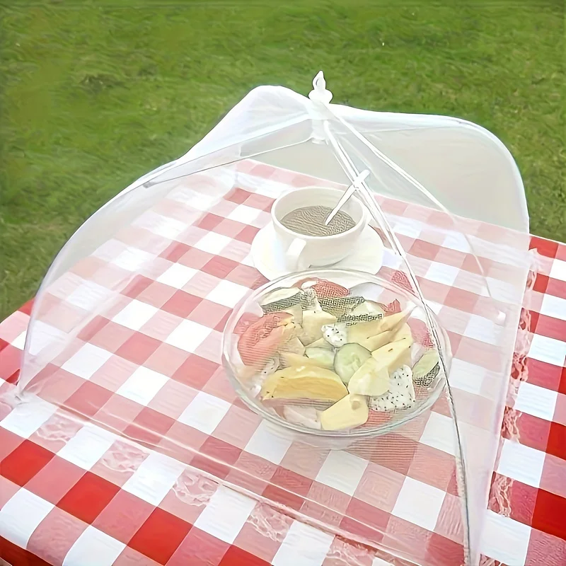 White Pop-Up Umbrella-Shaped Food Dust Cover, Foldable Tent-Style Kitchen Cover, Outdoor BBQ Picnic Insect-Proof Table Cover