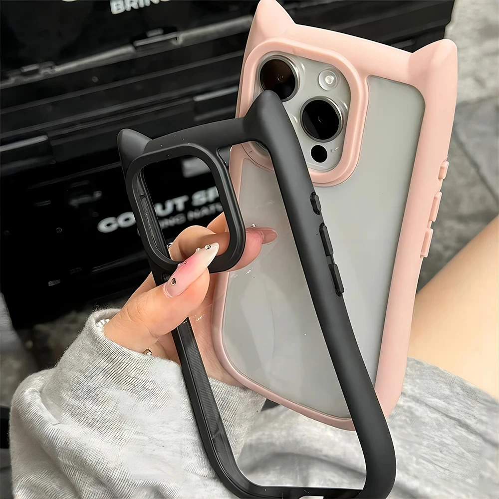 Cute 3D Cat Ear Phone Case For iPhone 15 14 Plus 13 12 Mini Pro Max 11 Cartoon Lovely Kitten Shockproof Clear Protector Cover