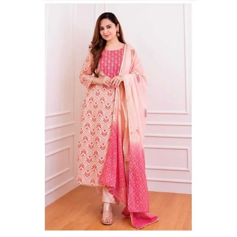 

Pink Color Printed Kurta Palazzo with Dupatta Set Women Salwar Kameez Suit Dress