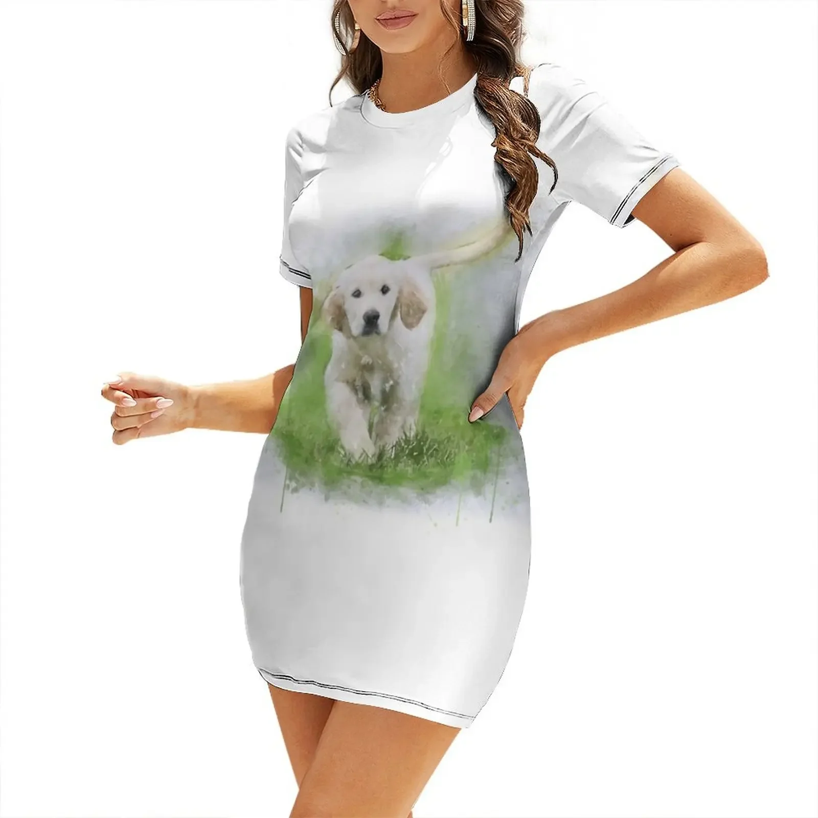 

Golden retriever puppy watercolor Short-Sleeved Dress elegant dresses for women women's clothing korea stylish