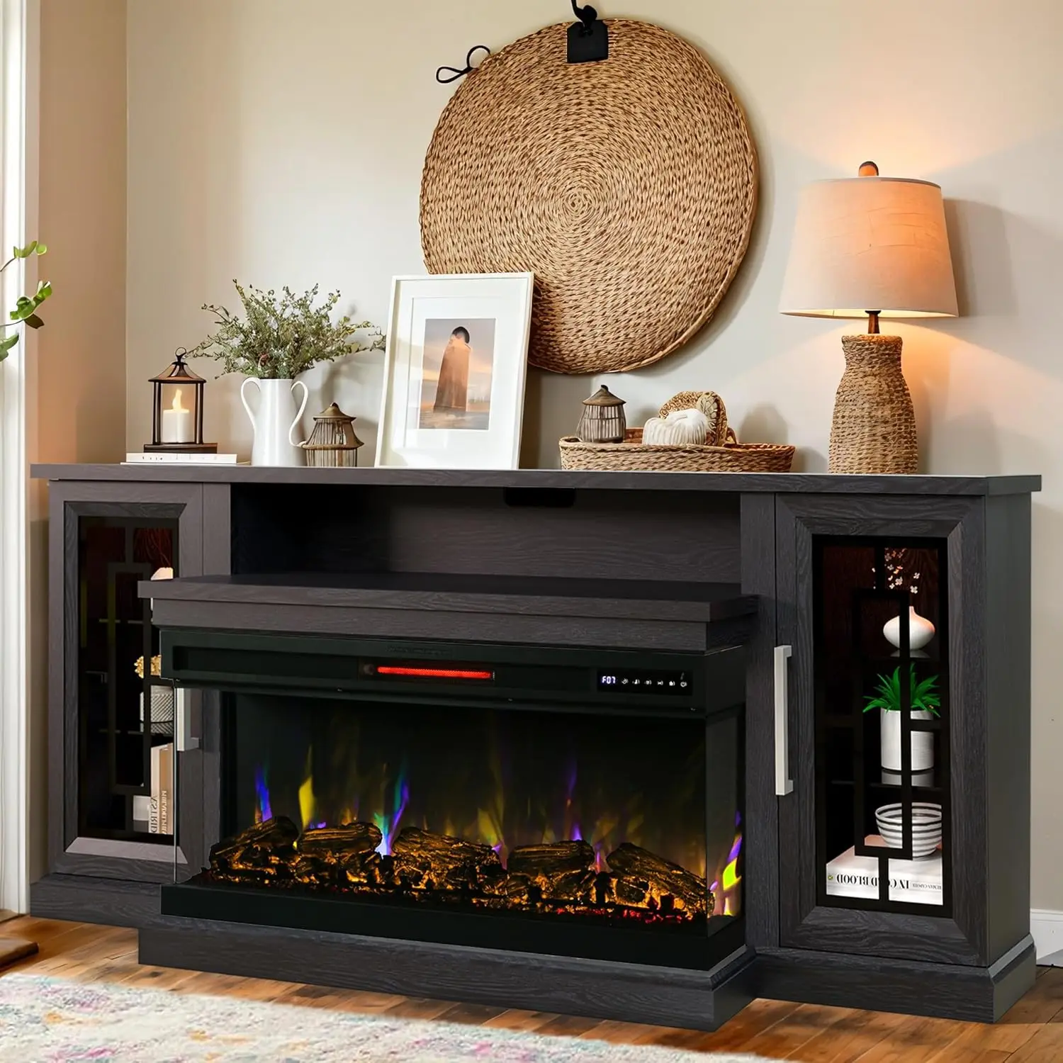 

75 Inch Electric Fireplace TV Stand, 3- Side Glass LED Modern Media Entertainment Center Console Table Black