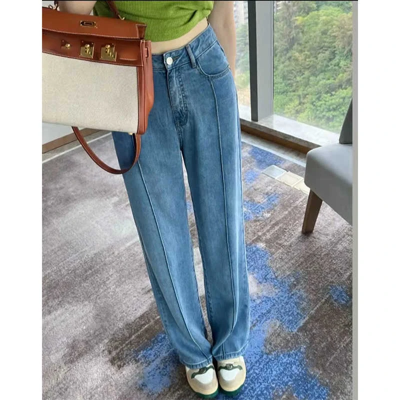 

Summer Ice Silk Jeans 2025 New Women Loose Wide Leg Pants Fashion High Waist Slimming Thin Denim Trousers Oversized S-3XL