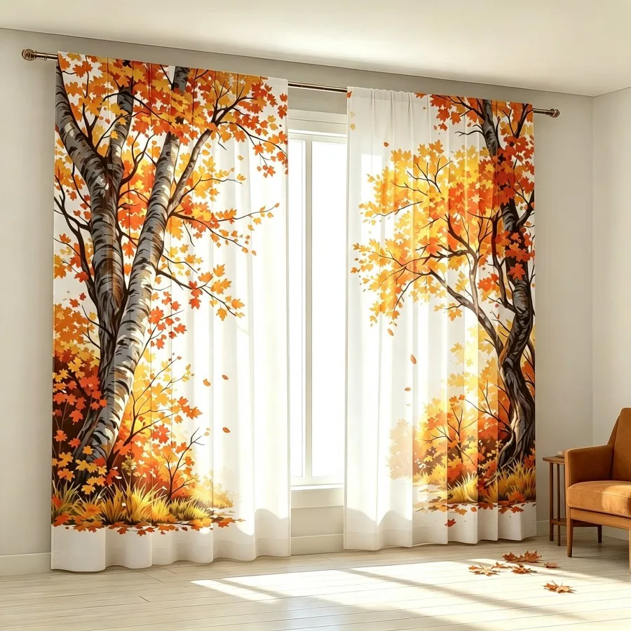 2PCS Digital Print Curtain, Autumn Birch Trees Orange Maple Leaves, Fall Nature Scenery Style for Living Room Bedroom Decor