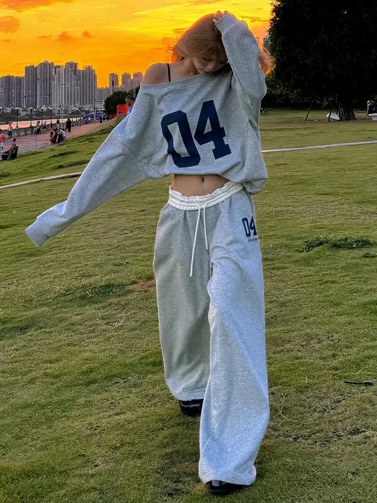 Retro Gray Sports Pants Women Summer Color Block Waistband Loose Wide Leg Trousers