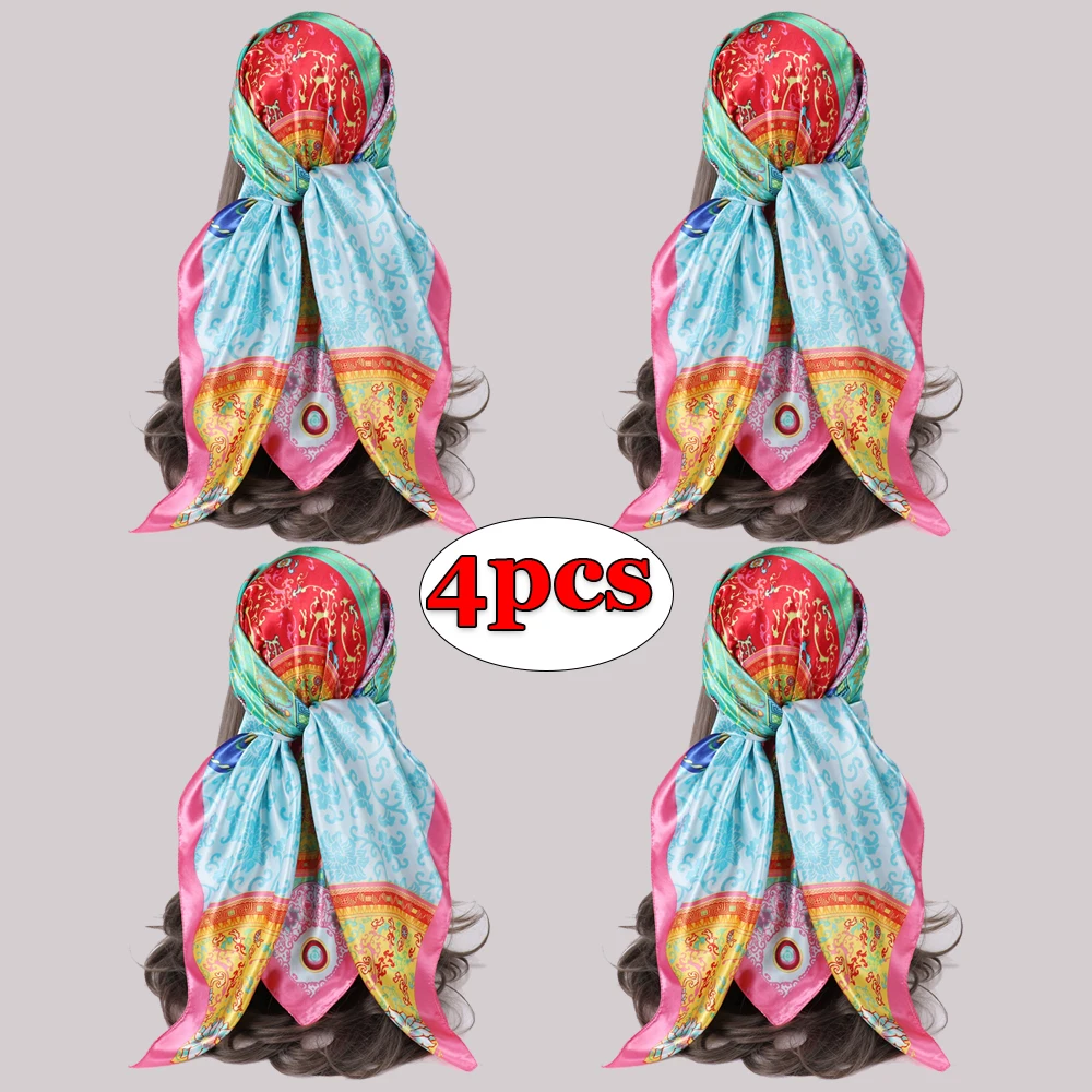 

4pcs Fashion Square Silk Scarf Women Luxury Brand Satin Print Hjab Scarves Pareo Bandana Female Shawl Wrap Headband Foulard 90cm