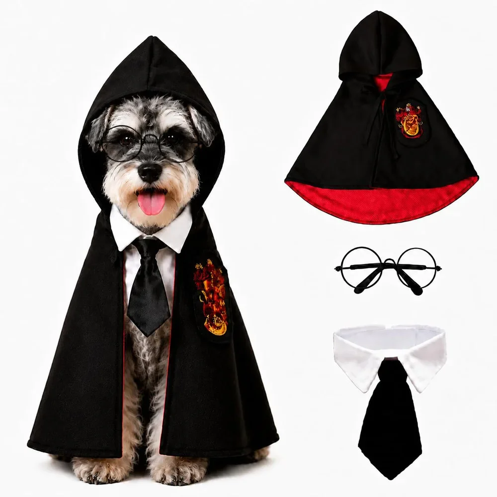 3 piezas: capa gótica oscura y espeluznante para perro, disfraz de mago de terror con emblema, corbata y accesorio de gafas redondas.