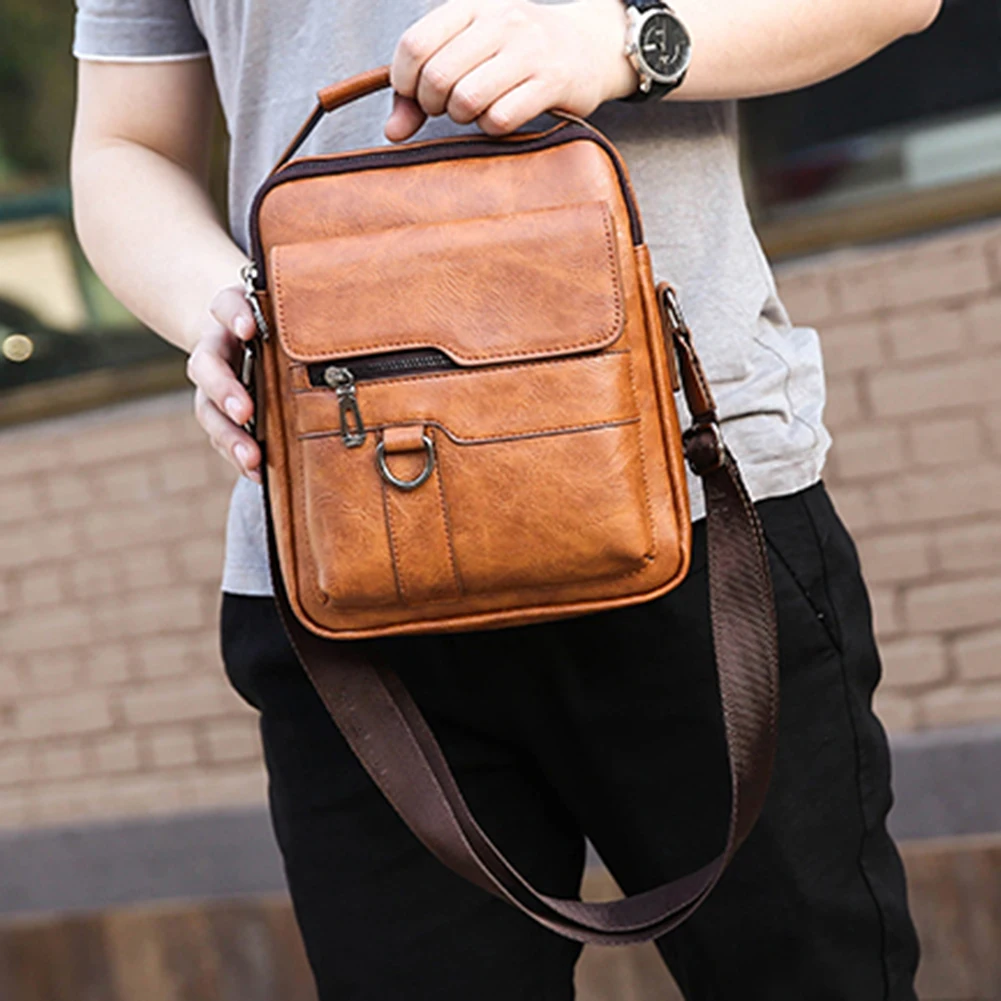 Male Handbags PU Leather Men Tote Bag Multi-pockets Casual Vintage Waterproof Portable Large Capacity for Weekend Vacation