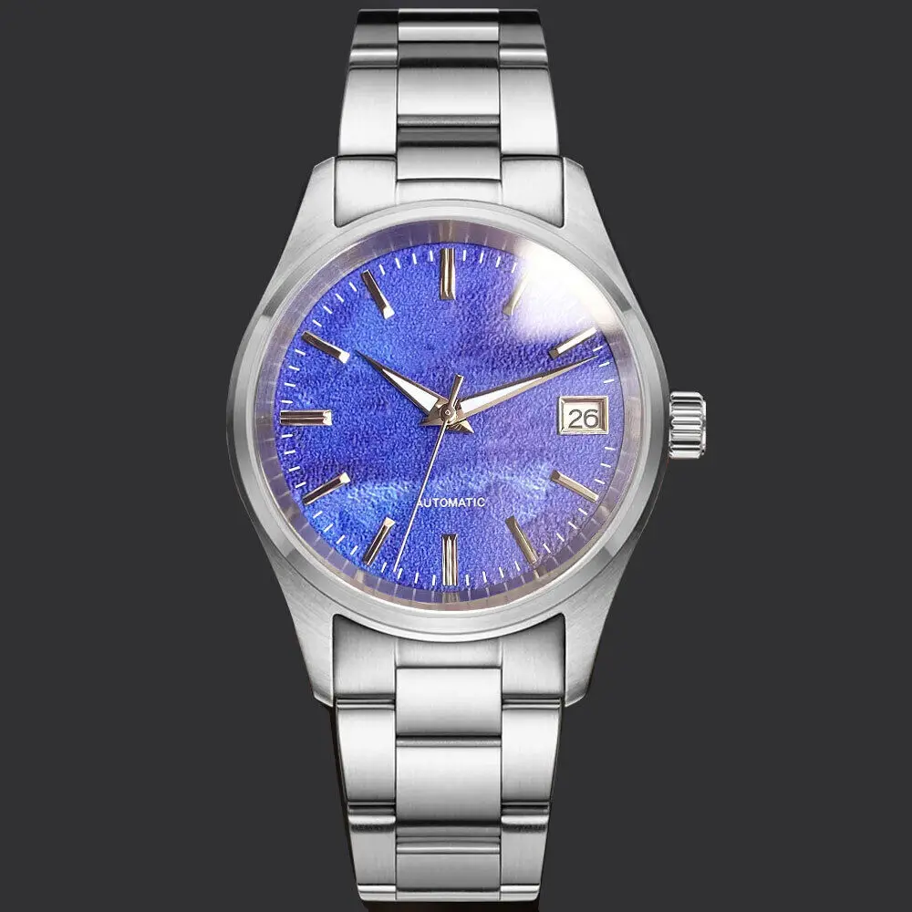 36mm Gray White Blue Dial Tandorio NH35 Automatic Mens Watch Sapphire Glass Date 20ATM Waterproof Steel Bracelet Leather Strap