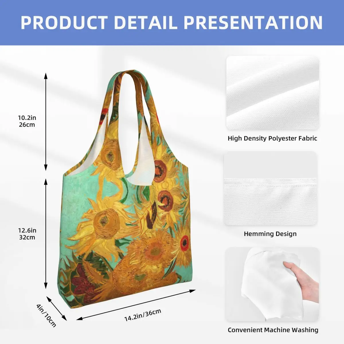 Vincent Van Gogh Twelve Sunflowers Grocery Shopping Bag Cute Printed Canvas Shopper Tote Shoulder Bag Capacity Portable  Handbag