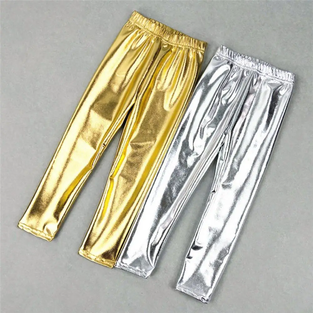 

Children Performance Pants Solid Color Glossy Elastic Waist Straight Leg Pants Unisex Party Stage Show Long Trousers Costume