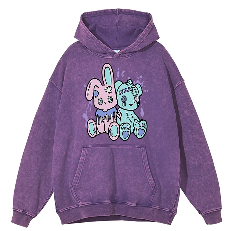 Retro Distressed Wash Pink Rabbit Blue Rabbit Cartoons Graphic Men Hooded Oversized Clothes Hoodie Hip Hop 100% Cotton Pullover