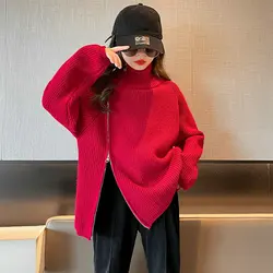 Autumn Winter Girls Knitted Sweater Zipper Design Turtleneck Sweater Thick Trendy Teenage Children Clothes Casual Loose Tops