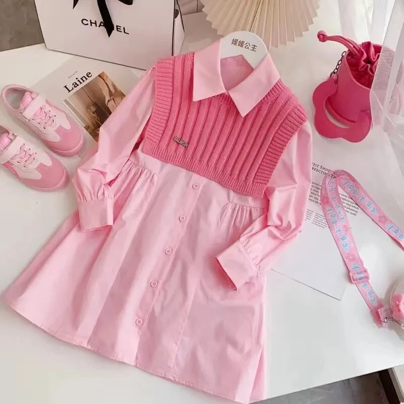 Spring Girls Dress 2024 New Children\'s Fashion Shirt Dress Teenage Girls Vest+Dress Two-piece Set 4 6 8 10 12 13Y