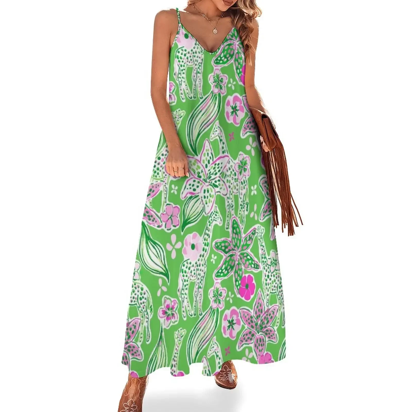 

Preppy Pink Lime Green Giraffe Pattern Sleeveless Dress elegant women's dresses sale Dress