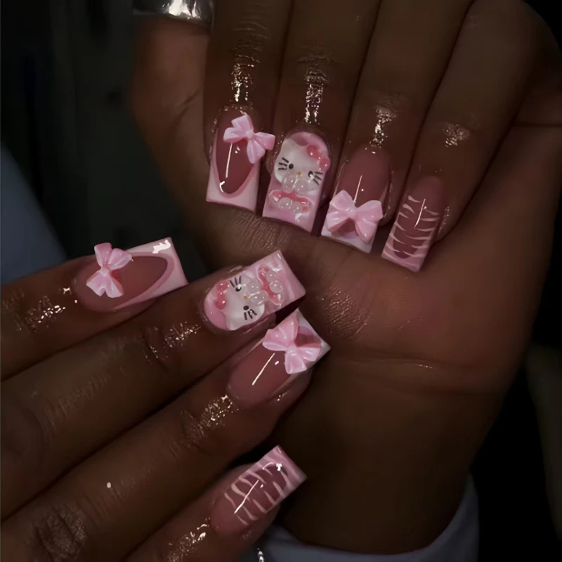24pcs Short Square Acrylic Fake Nails Set 3D Cute Hello Kitty Decoration with Flower Bow Design French Tip Pink Press on Nails
