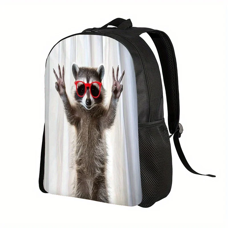 1pc Funny Raccoon Backpack with Fashion Glasses Large Capacity School Backpack, Heavy-Duty Zipper Closure