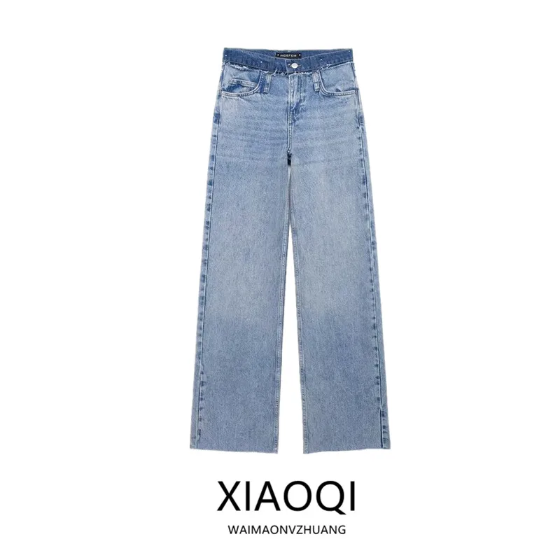 

High Waist Loose Wide Leg Double Layer Straight Cut Spring Summer Women's Jeans 2024 Trendy Long Pants High Waist Denim