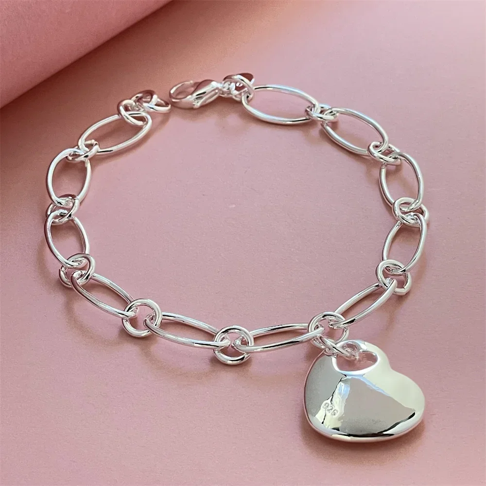 925 Sterling Silver Bracelet Paperclip Heart Charm Exquisite Women Fashion Wedding Party Gift Jewelry