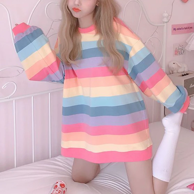 Spring Summer Round Neck Rainbow Printed Sweatshirts Ladies Long Sleeve Loose Casual Fashion Pullover Tops Women Striped Tees