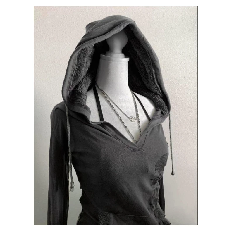 2025 moletom com capuz novo estilo outono e inverno, estilo punk estilo rua com decote em V, top feminino