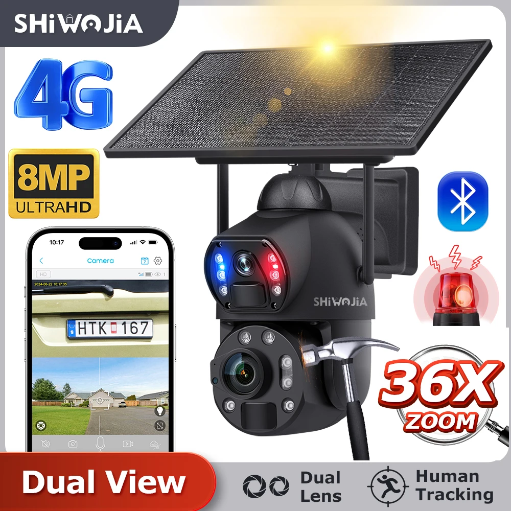 SHIWOJIA 4K 8MP 36X Zoom 4G Kamera słoneczna Podwójny obiektyw Podwójny ekran Wykrywanie ludzi Automatyczne śledzenie Zewnętrzny panel słoneczny 10W WIFI CCTV