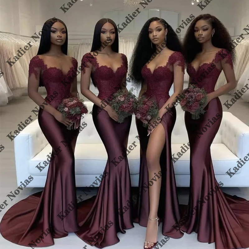 

Long Mermaid Burgundy Bridesmaid Dresses with Slit Wedding Guest Dress Abiti Da Damigella Customized
