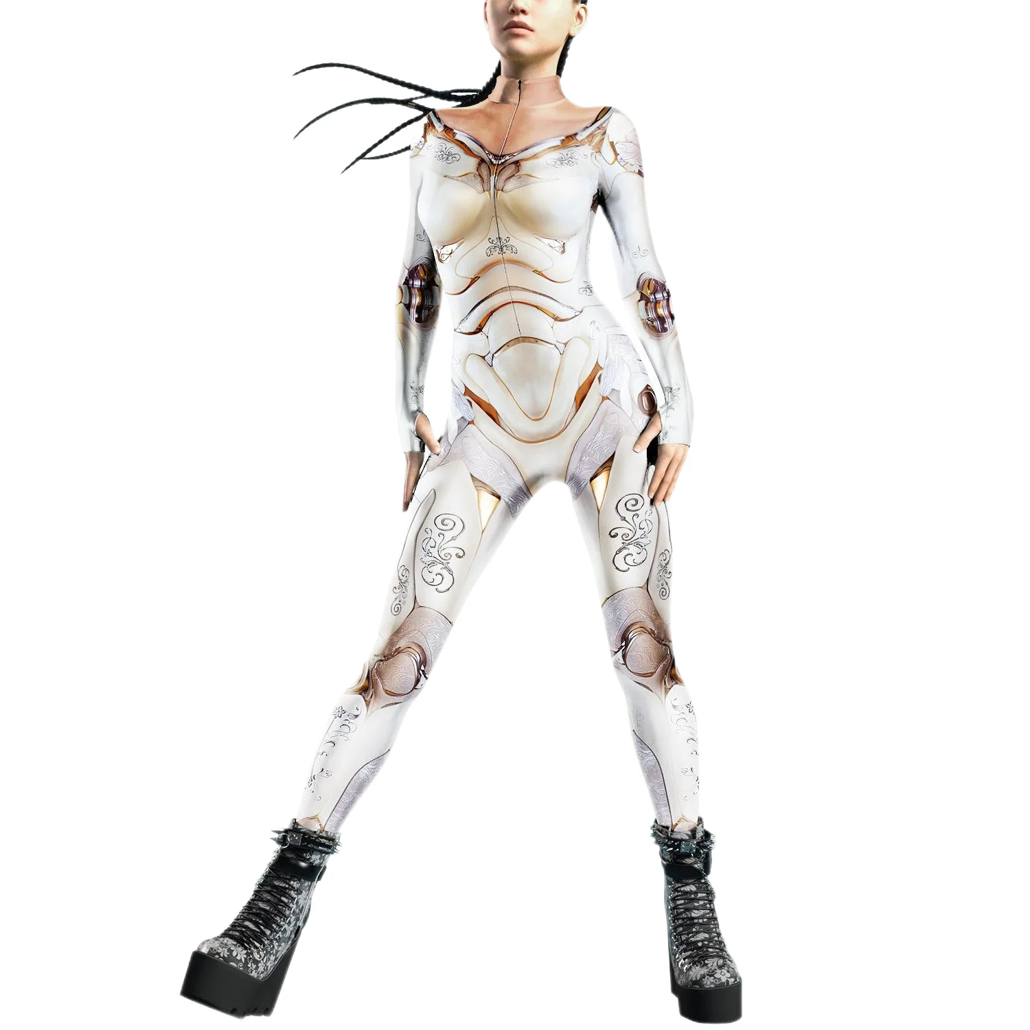 Zawaland Halloween Women Bodysuits Punk Thumb Design Zentai Jumpsuits Front Zipper Machine Cosplay Costume Female Holiday Outfit