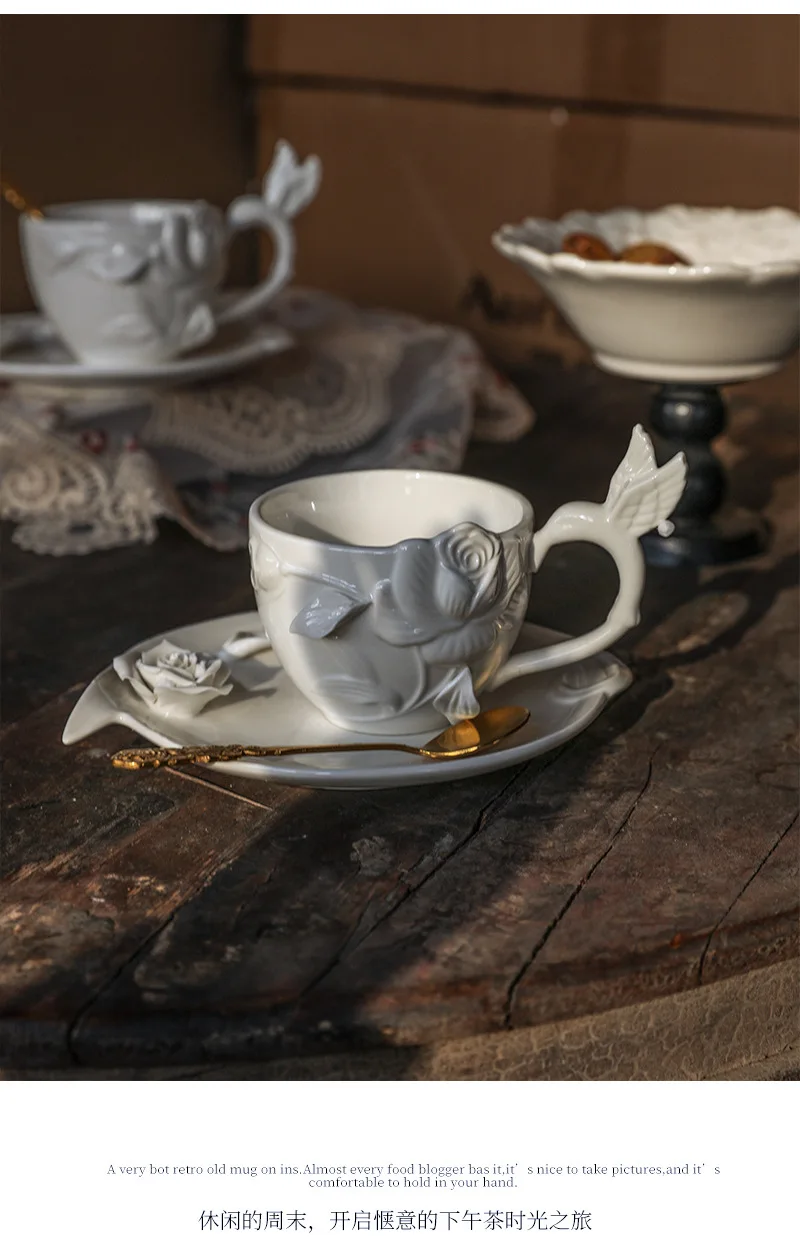 PYH retro relief rose ceramic coffee cup and saucer set afternoon black tea cup light luxury pinch flower cup 6