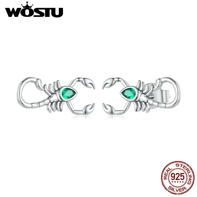 WOSTU 925 Sterling Silver Unique Green Zircon Scorpion Stud Earrings For Women Special Animal Studs Girl Birthday Jewely Gift