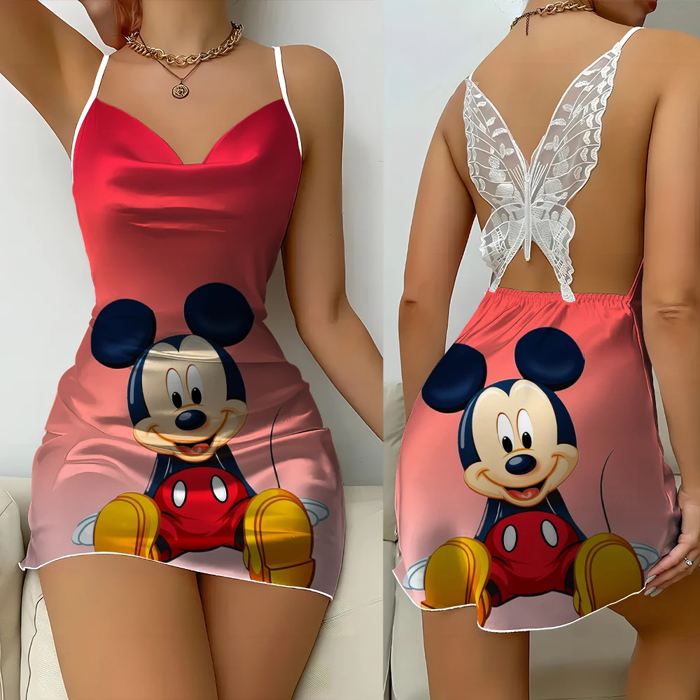 Gaun malam kartun Mickey Minnie motif wanita, gaun malam renda kupu-kupu punggung terbuka bermotif kartun musim panas untuk wanita