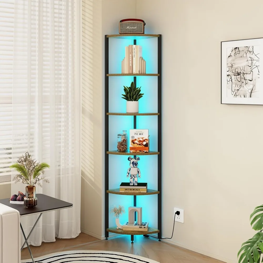 

6 Tier Corner Bookshelf with LED Lights 65 Inch Tall Narrow Storage Rack Metal Frame Waterproof Shelves for Living Room