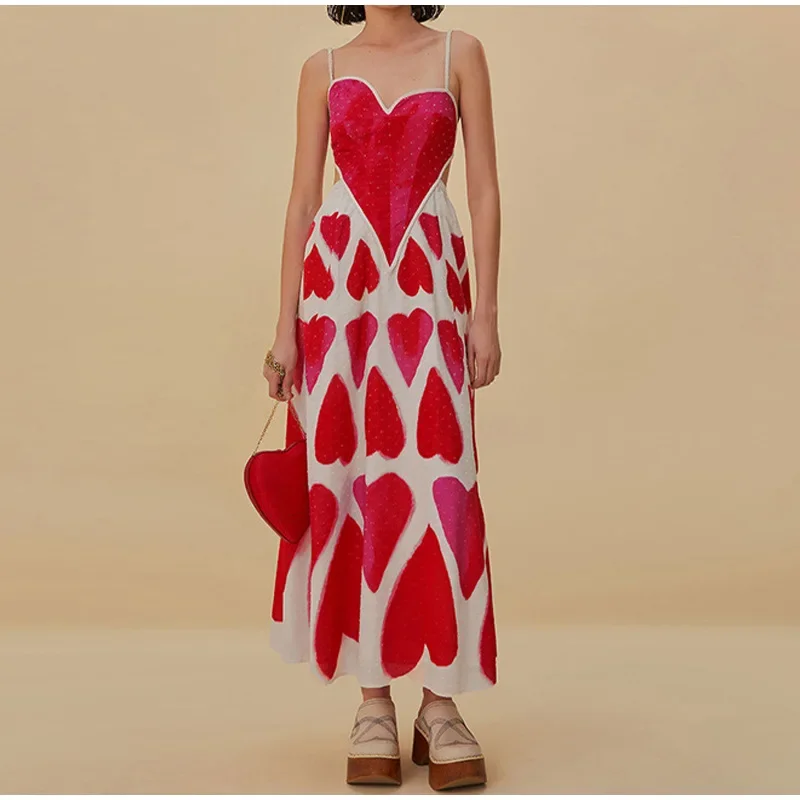 

Painted heart-shaped sleeveless halter dress 2024 summer European and American fashion women's holiday dress