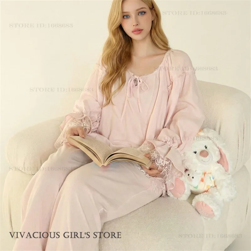 Sweet Pink Cotton Pajamas Set Female Loungewear Elegant French Court Style Sleepwear Pijamas Suit Loose Casual Homewear Pyjama