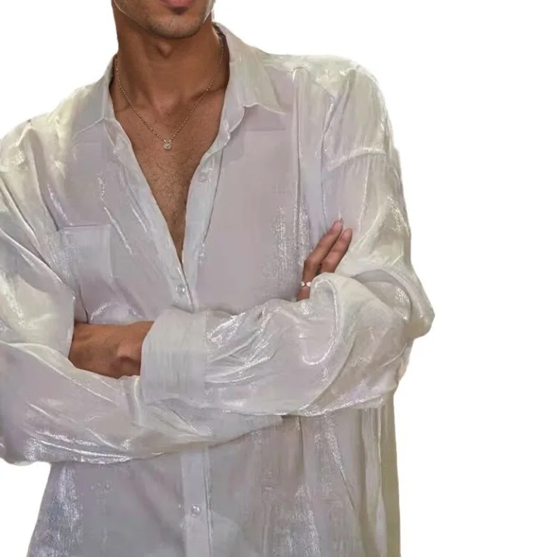 Men's Shirt Solid Color Pearlescent Fine Glitter Shirt Long Sleeve Loose Casual Male Top Boys