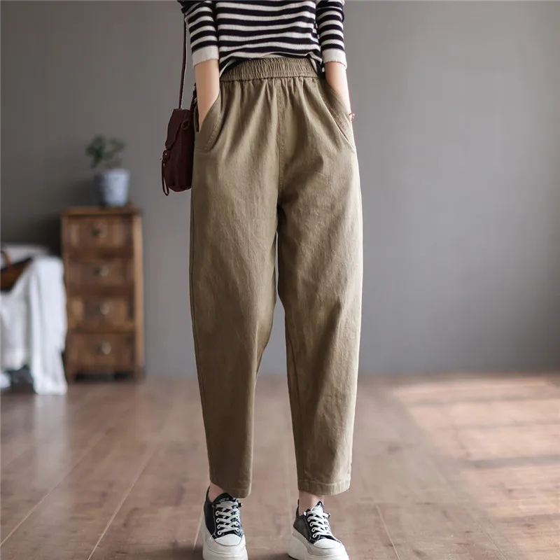 

Женские повседневные брюки из хлопка в стиле ретро, свободные прямые брюки с эластичной талией, утягивающие брюки-харлан, весенние однотонные длинные брюки