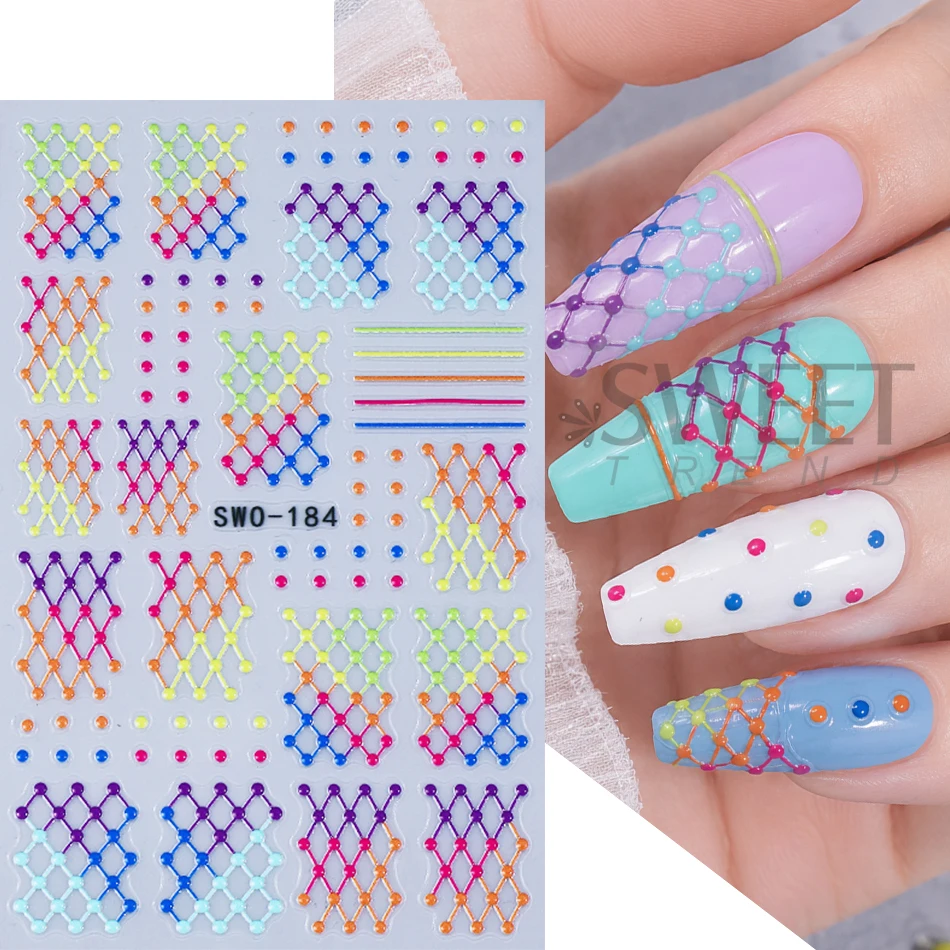 2pcs Colorful Line Nail Stickers 3D Neon Plaid Polka Dot Pattern Design Self Adhesive Nail Decals DIY Manicure Decoration Slider