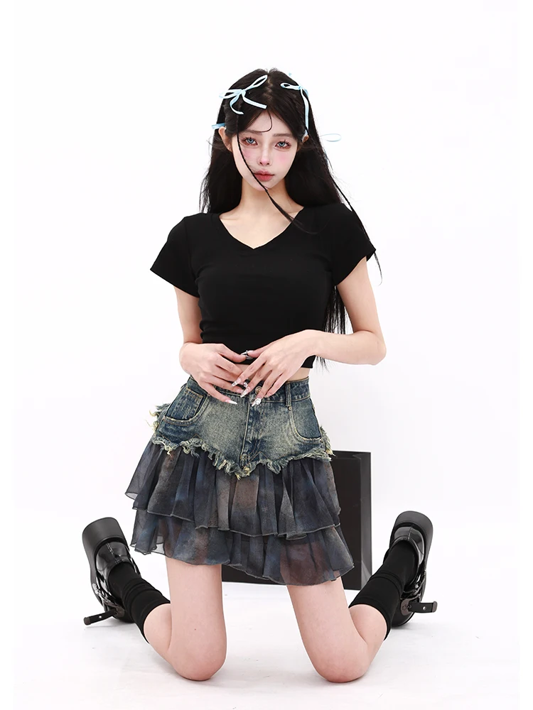 

American Retro Asymmetrical Denim Skirt Women Summer New Y2K Spicy Girl A-Line Skirt ort Skirt High Waist Cotton