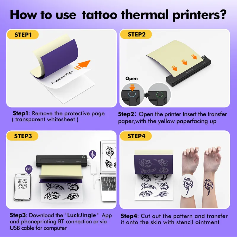 MP-8018T Mini A4 Tattoo เครื่องพิมพ์บลูทูธไร้สายแบบพกพา A4 Tattoo Transfer Machine ใช้งานร่วมกับ iPhone โทรศัพท์ Android