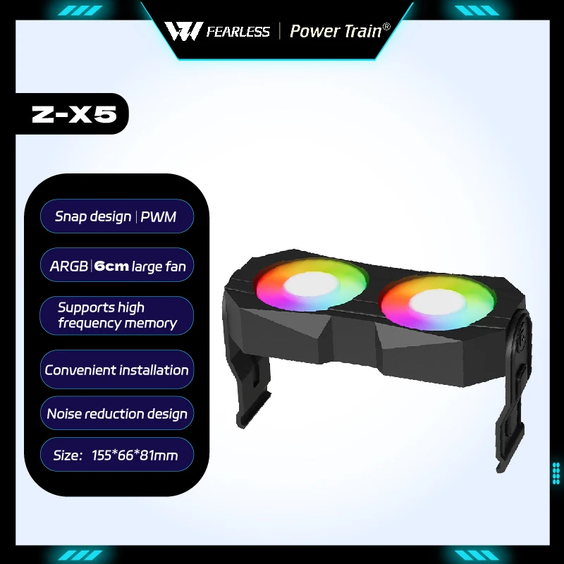 

Power Train Z-X5 Кулер памяти 60 мм большой вентилятор PWM 4PIN 5V 3PIN ARGB Аксессуары для ПК Радиатор памяти Двойной вентилятор