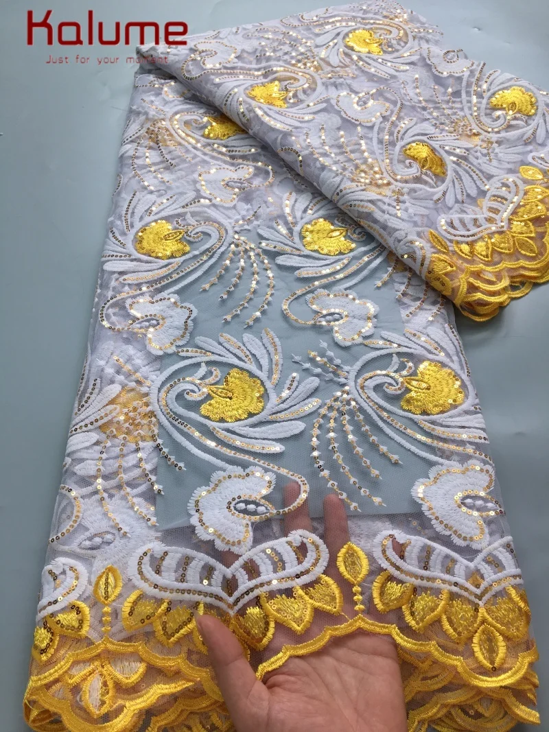 Kalume Milk Silk African Lace Fabric 5Yards High Quality 2025 Nigerian French Mesh Lace Fabric with Sequins Wedding Sew F4348
