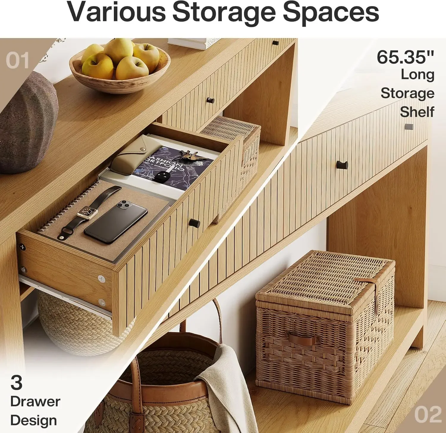 طاولة كونسول خشبية مع أدراج، طاولة مدخل طويلة، أثاث من خشب البلوط مقاس 70.9 بوصة مع أرفف تخزين مفتوحة خشبية #4