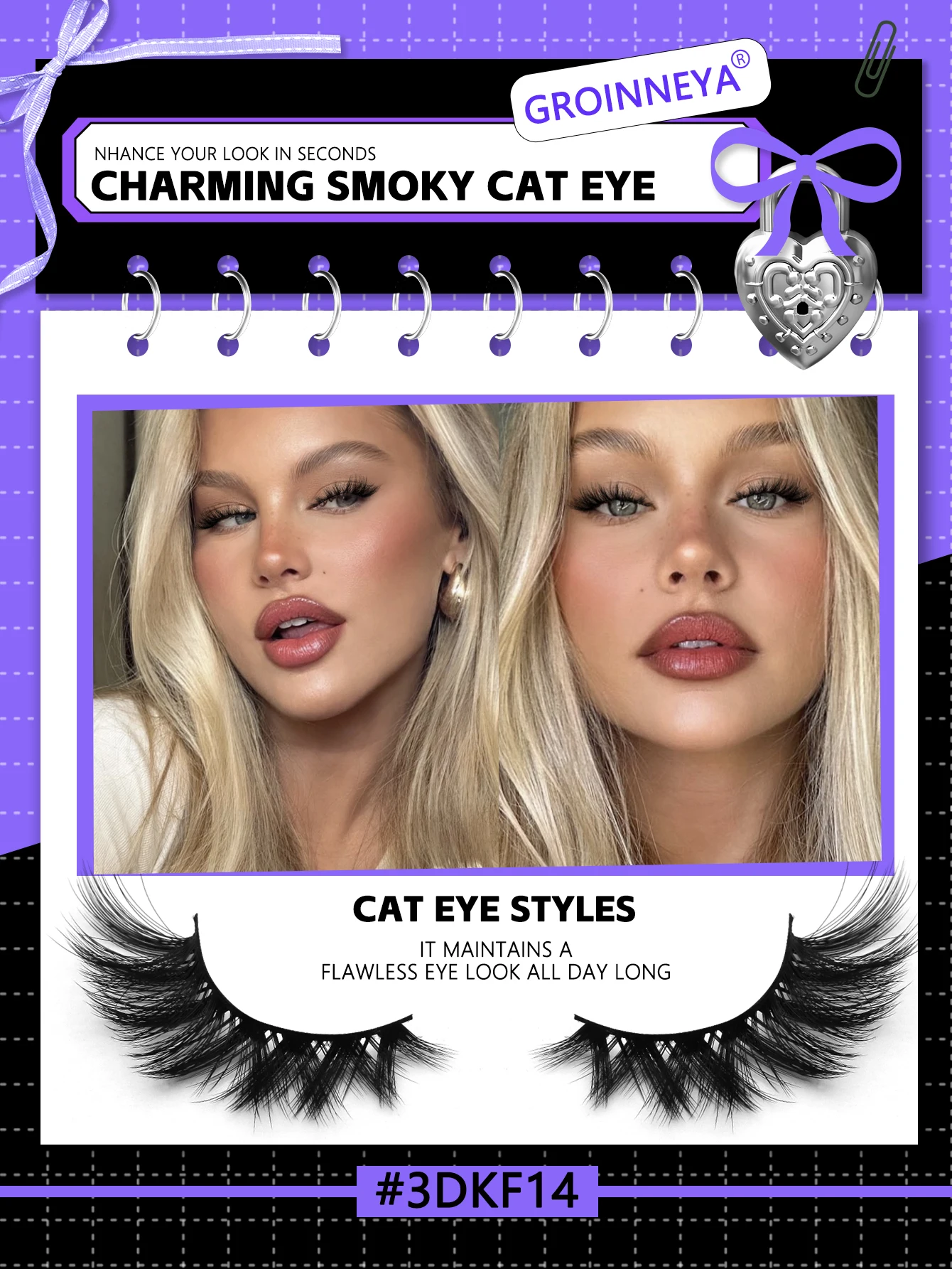 GROINNIA ​ ​ ​ ​ キャットアイまつげふわふわドラマチックな濃密まつげフェイクミンクまつげ翼エンドアイ細長いまつげエクステンションメイク